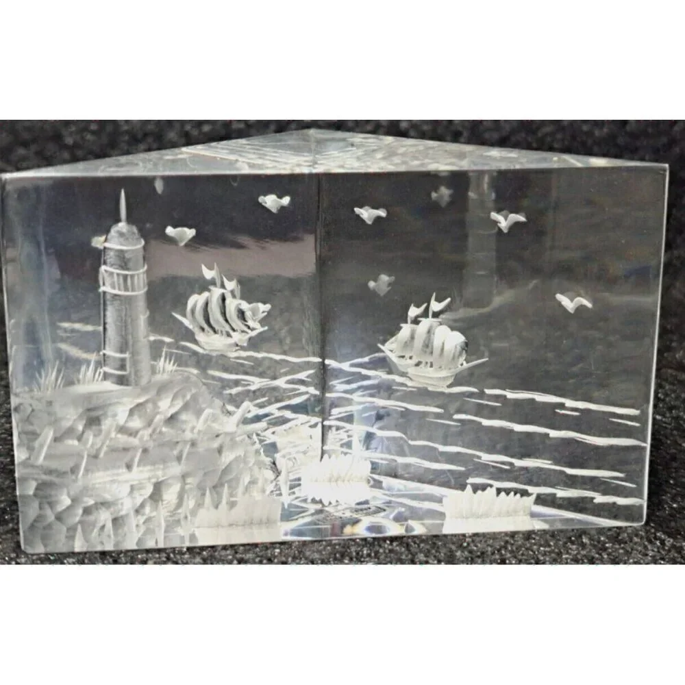 Triangle Shaped Paperweight Etched Lighthouse Sailing Ships Seagulls